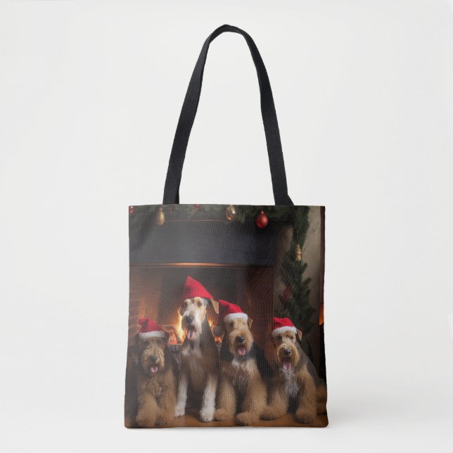 Bolso De Tela Airedale junto a la chimenea de Navidad (Anverso)