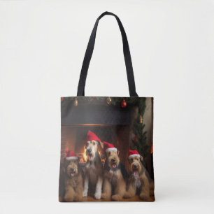 Bolso De Tela Airedale junto a la chimenea de Navidad