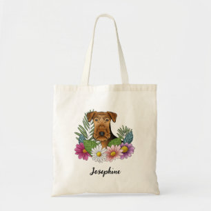 Bolso De Tela Airedale Terrier con flores coloridas y nombre