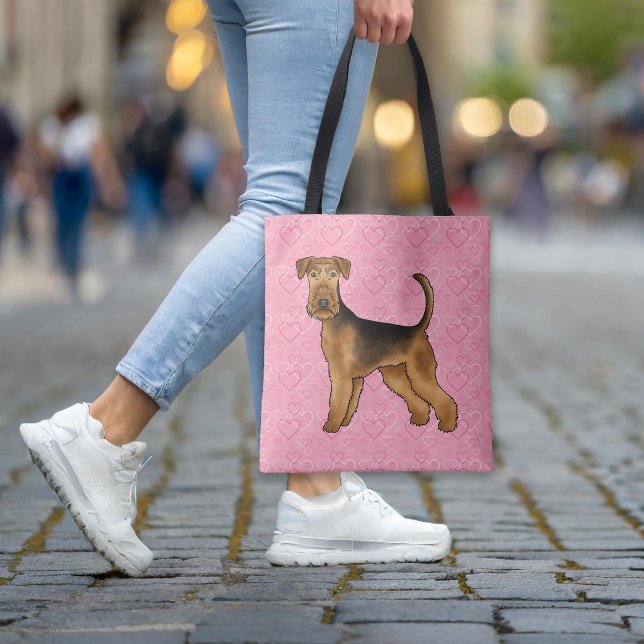 Bolso De Tela Airedale Terrier Dog Love With Pink Heart Pattern (Please note: This image is a digital mockup. The product may not be in scale.)