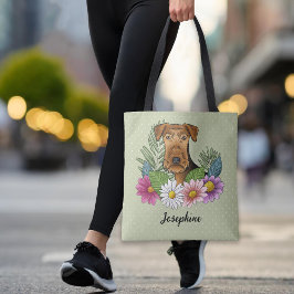 Bolso De Tela Airedale Terrier y flores de verano coloridas verd