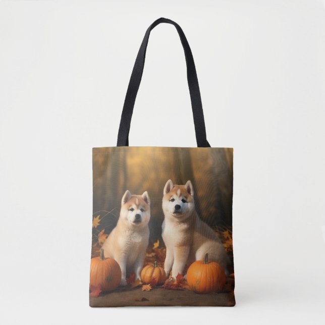 Bolso De Tela Akita Puppy Calabaza deslumbrante de otoño (Anverso)