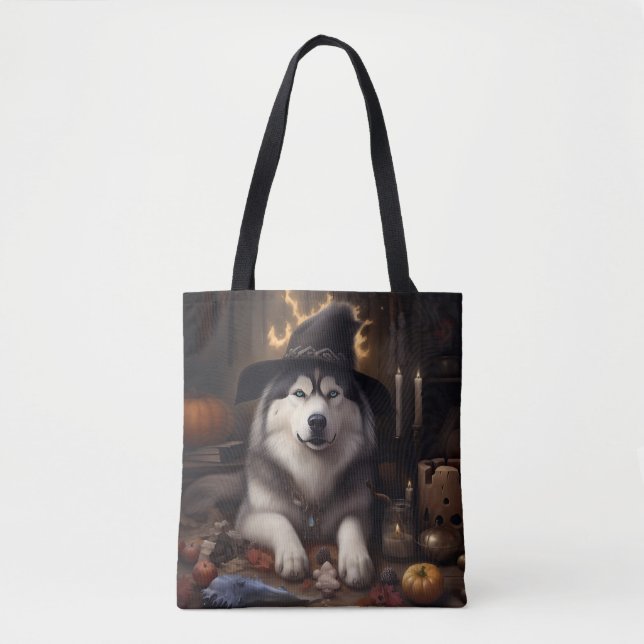 Bolso De Tela Alaskan Malamute calza calabazas de Halloween (Anverso)