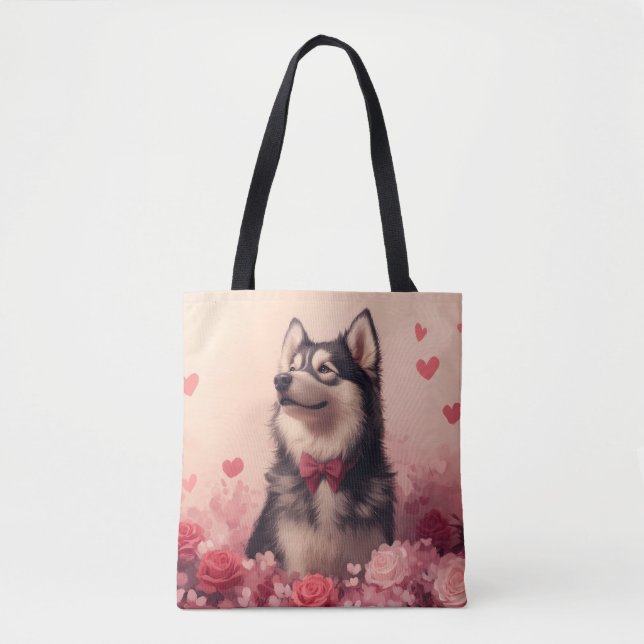 Bolso De Tela Alaskan Malamute con Rosas - El día de San Valentí (Anverso)