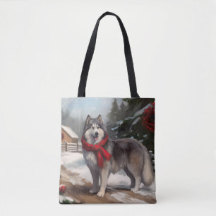 Bolso De Tela Alaskan Malamute Perro en Navidad Nieve