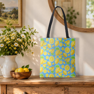Bolso De Tela Alegre patrón cítrico de limón amarillo y azul
