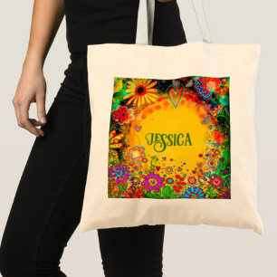 Bolso De Tela Alegre Personalizado Floral Amarillo Inespirituoso