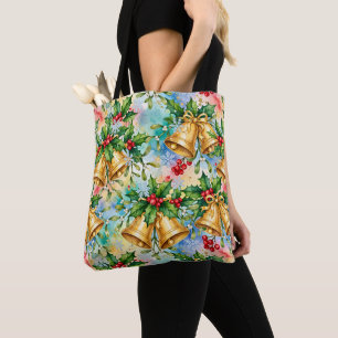 Bolso De Tela Alegres Campanas Doradas de Navidad Acebo