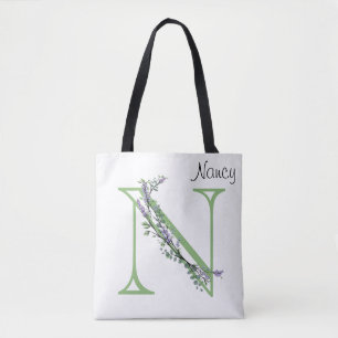 Bolso De Tela Alfabetizar la letra N,Monograma Lavender Eucalypt