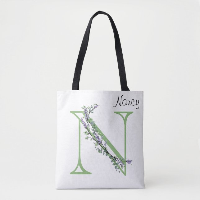 Bolso De Tela Alfabetizar la letra N,Monograma Lavender Eucalypt (Anverso)