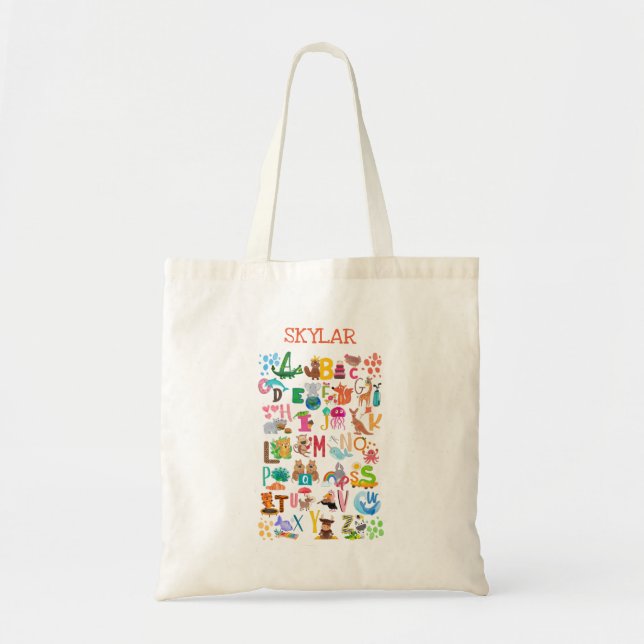 Bolso De Tela Alfabeto animal acuarela Adorable Personalizado (Frente)