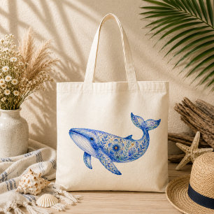 Bolso De Tela Alfarería tema floral ballena azul