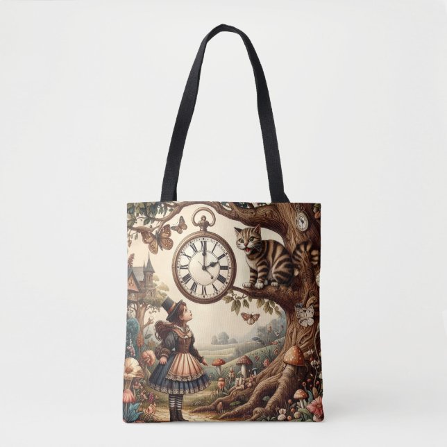 Bolso De Tela Alice & Cheshire Cat: Whimsical Wonderland Fantasy (Anverso)