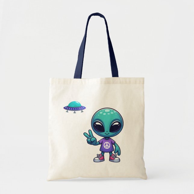 Bolso De Tela Alien y barco espacial por la paz (Frente)