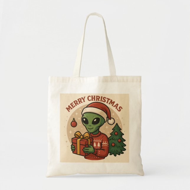 Bolso De Tela Alienígena Divertido Feliz Navidad (Frente)