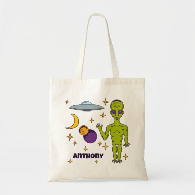 Bolso De Tela Alienígena espacial con Saucer volador personaliza (Frente)