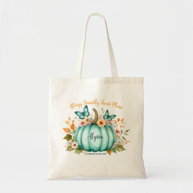 Bolso De Tela Allergy Alert Teal Pumpkin Flowers Butterfly Girl (Frente)