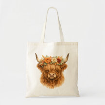 Almohada de Highland Cow con Corona Floral Boho |