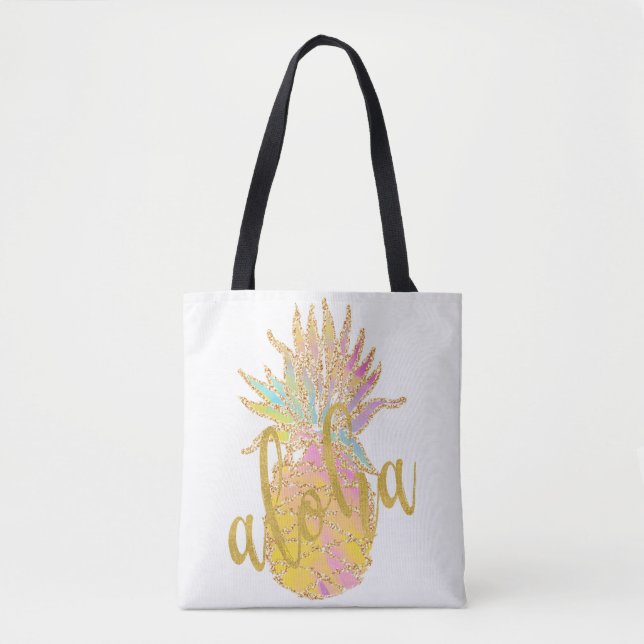Bolso De Tela Aloha fantasía purpurina de oro falso piña pastel (Anverso)