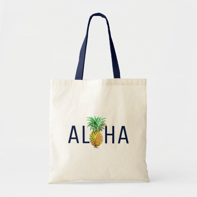 Bolso De Tela Aloha Texto y diseño tropical de piña (Frente)