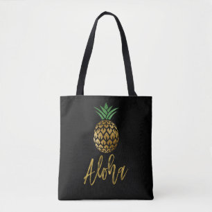 Bolso De Tela Aloha Tropical Hawaiano Boda de la piña negra