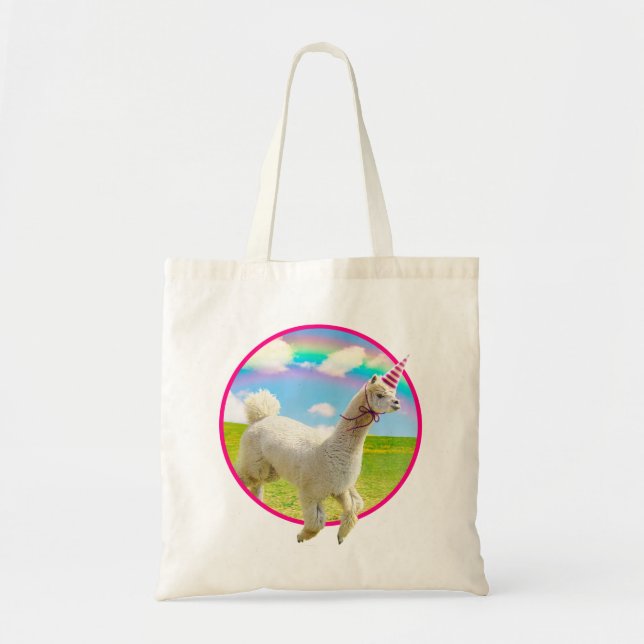 Bolso De Tela Alpaca Unicornio Bajo Cielo Arcoiris (Frente)