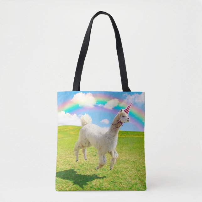 Bolso De Tela Alpaca Unicornio bajo el cielo arcoiris (Anverso)