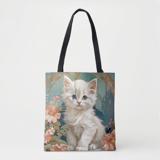 Bolso De Tela Alphonse Mucha Estilo Gato Blanco (Anverso)