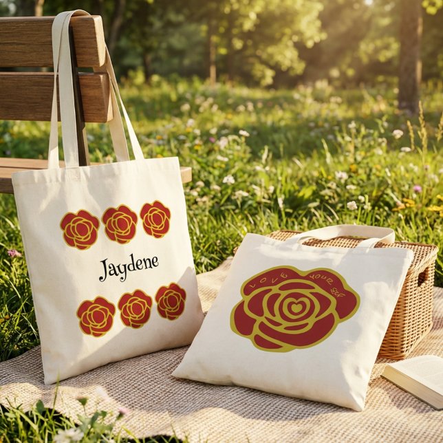 Bolso De Tela Ama a ti mismo con Rosa Roja (It’s empowering, playful, and visually striking. Definitely a statement piece.)