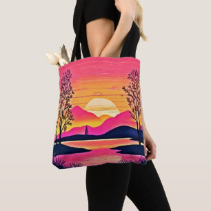 Bolso De Tela Amanecer dorado sobre arte de lago rosado
