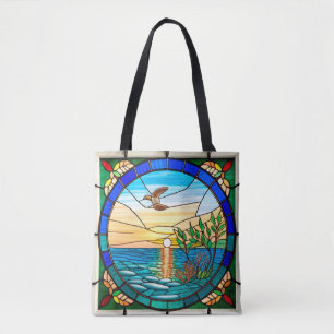 Bolso De Tela Amanecer sobre el océano con ave volando