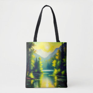 Bolso De Tela Amanecer sobre montañas cubiertas de nieve y lago