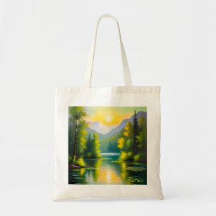 Bolso De Tela Amanecer sobre montañas y lago cubiertos de nieve