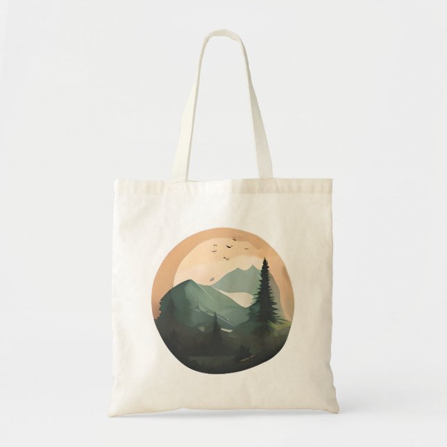 Bolso De Tela Amanecer sobre picos: Una tranquila escena de mont (Frente)