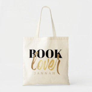 Bolso De Tela Amante de los Libros en Negro Dorado Script Nombre