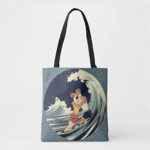 Bolso De Tela Amantes del arte Deco vintage se besan en las olas