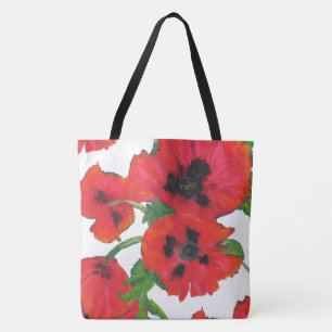 Bolso De Tela Amapolas orientales rojas y negras en blanco