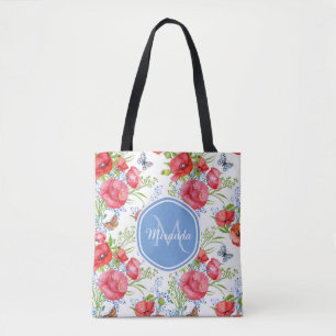 Bolso De Tela Amapolas rojas preciosas con las mariposas azules