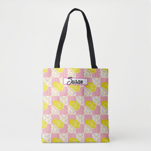 Bolso De Tela Amarillo Lemones Estrellas Rosadas Verano (Anverso)