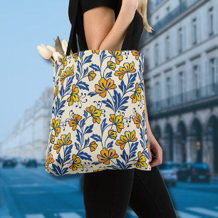Bolso De Tela Amarillo Naranja Floral Folclórico Azul Hoja Vinta