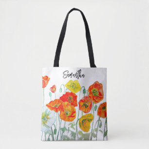 Bolso De Tela Amarillo Naranja Rojo Amapola Arte Acuarela Blanco