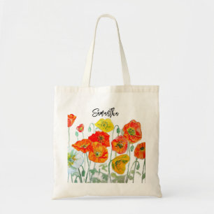 Bolso De Tela Amarillo Naranja Rojo Amapola Arte Acuarela Blanco
