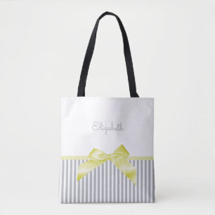 Bolso De Tela Amarillo suave con franjas grises y nombre