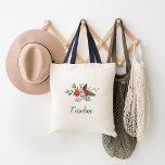 Bolso De Tela Americana Floral | Personalized<br><div class="desc">Chic personalized floral tote bag features a posy of red and blue flowers and green botanicals,  with your name or choice of personalization beneath in hand lettered script calligraphy.</div>