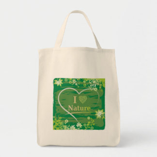 Bolso De Tela Amo a la Naturaleza Corazón texto y flores - Verde