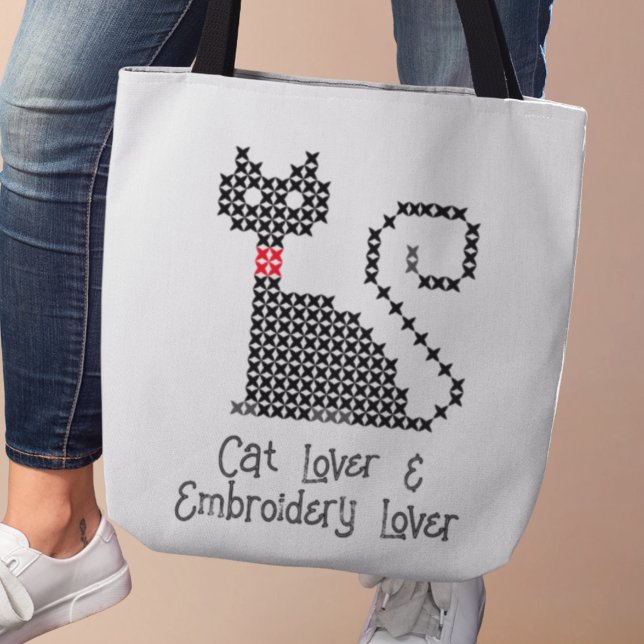 Bolso De Tela Amo de gato negro (Cat Lover & Embroidery Lover tote bag)