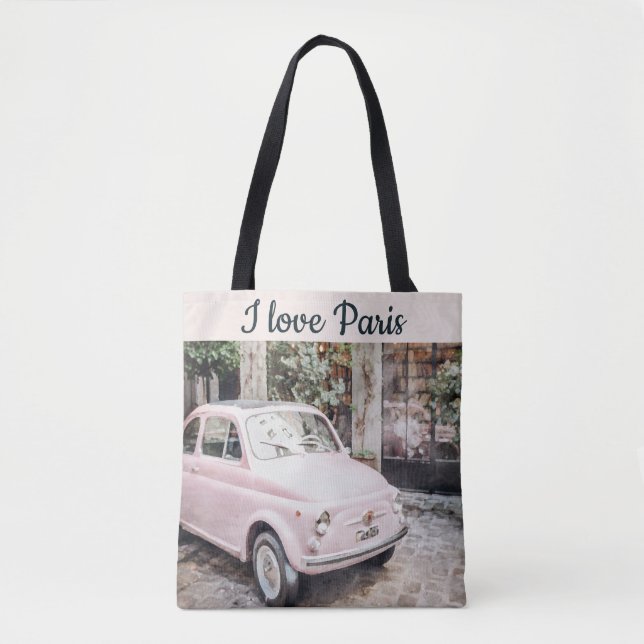 Bolso De Tela Amo el coche rosa de Paris Street Scene (Anverso)