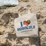 Bolso De Tela Amo Honolulu Cute Hawaii Hibiscus Flower<br><div class="desc">Me encanta Honolulu tote bag. Una flor de hibisco hawaiano en forma de corazón adorable decora este regalo de personalizado para las vacaciones de verano en la playa de Hawaii.</div>