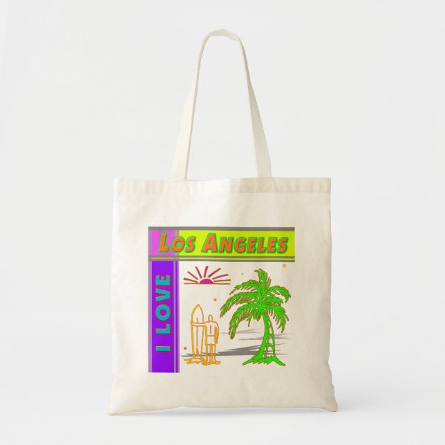 Bolso De Tela "AMO Los Ángeles" Sun Palm Tree & Surfer #2 Bag (Frente)