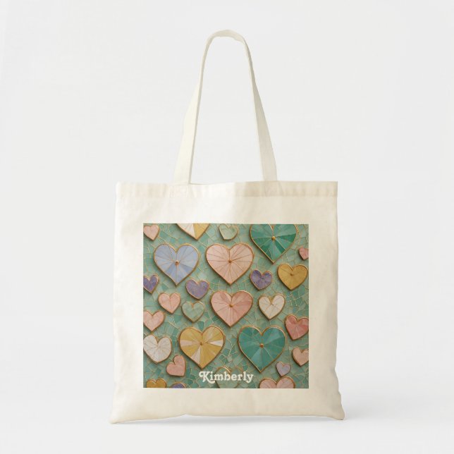 Bolso De Tela Amor Mosaico: Corazones Pastel (Frente)